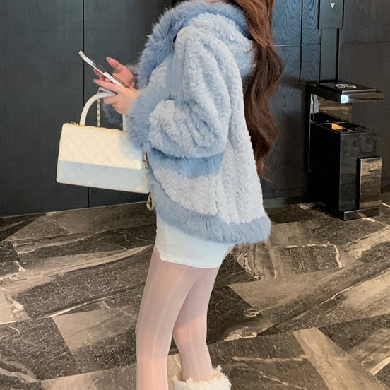 Contrast Color Stitching Long-Sleeved Top Hooded Fur Coat