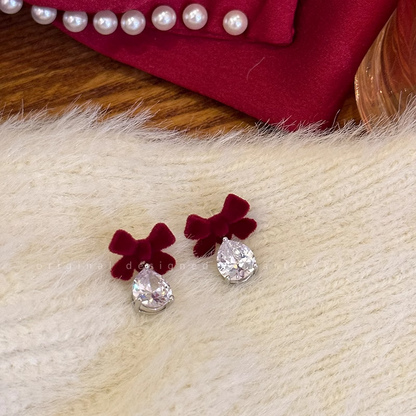 Flocked Bow Zircon Temperament Exquisite Retro Earrings