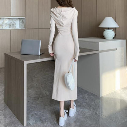 Hooded Waist Long Sleeve Sweatshirt Slit Wrap Hip Dress