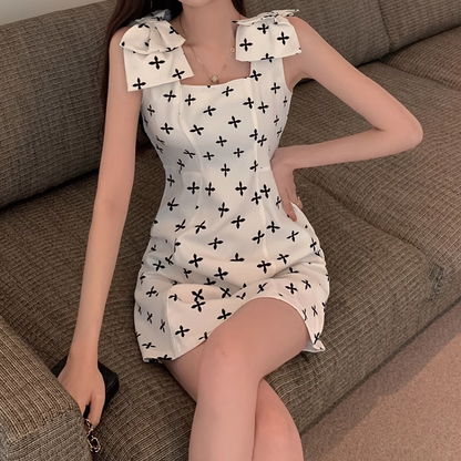 Temperament Fashionable Cross Print Bow Cami Dress