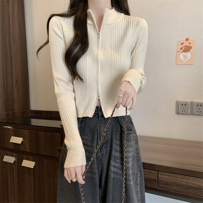 Fashionable Long-Sleeved Knitted Sweater Zipper Cardigan Top