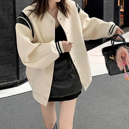 Woolen Retro Contrast Color Stitching Pu Leather Coat