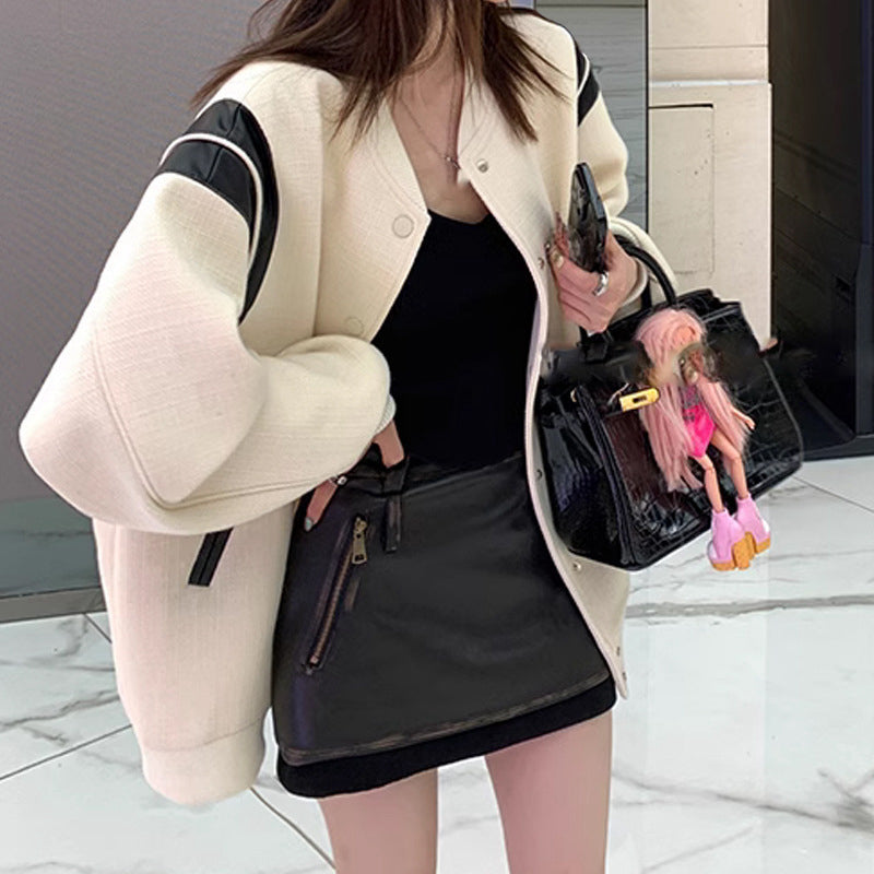 Woolen Retro Contrast Color Stitching Pu Leather Coat