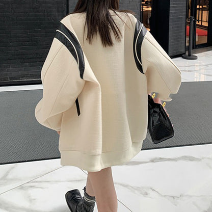 Woolen Retro Contrast Color Stitching Pu Leather Coat