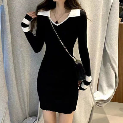 V-Neck Versatile Long-Sleeved Hip-Covering Knitted Dress