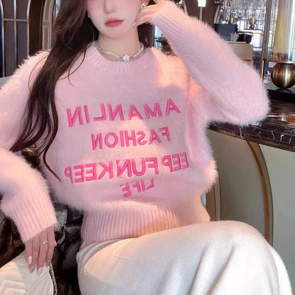 Pink Mink Sweater Long Sleeve Crew Neck Coat