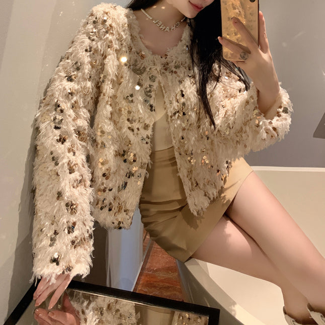 Short Coat Non-Contrast Stylish Sequined Top