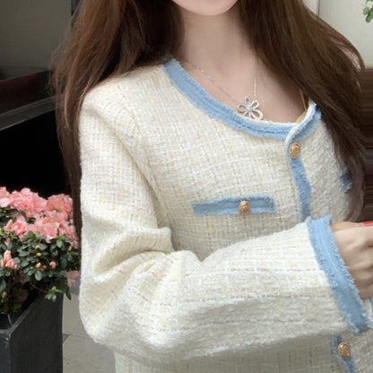 Denim Splicing Coat High-End Tweed Long Sleeve Top