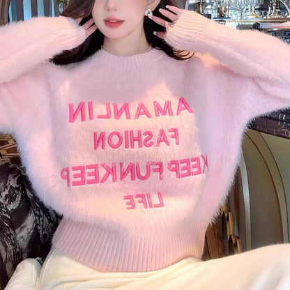 Pink Mink Sweater Long Sleeve Crew Neck Coat