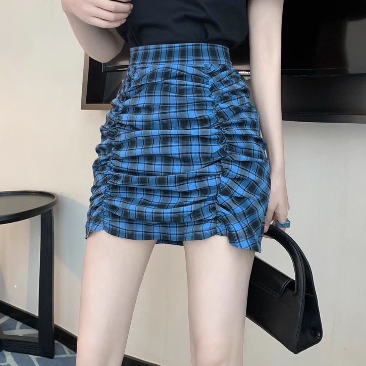 Set Printed T-Shirt Plaid Pleated Short Skirt