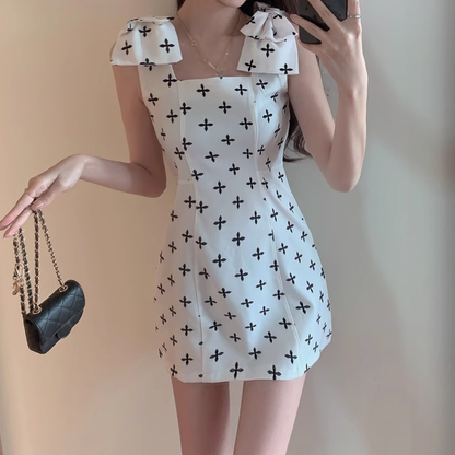 Temperament Fashionable Cross Print Bow Cami Dress