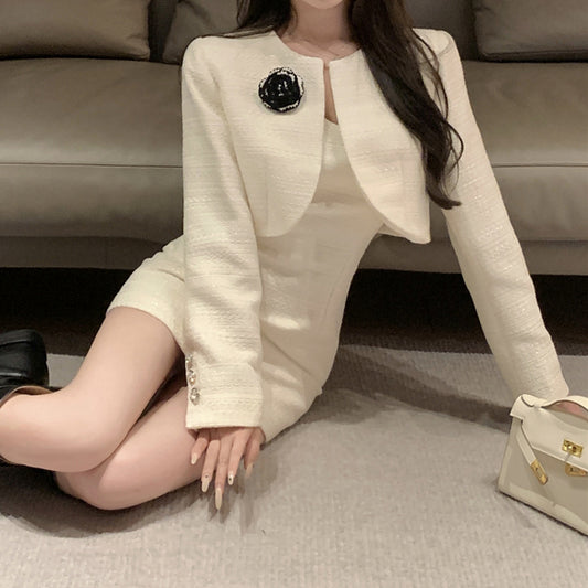 Tweed Set White Long Sleeve Coat Cami Dress