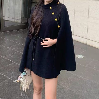 Versatile Sweater Cape Coat Dress With Belt