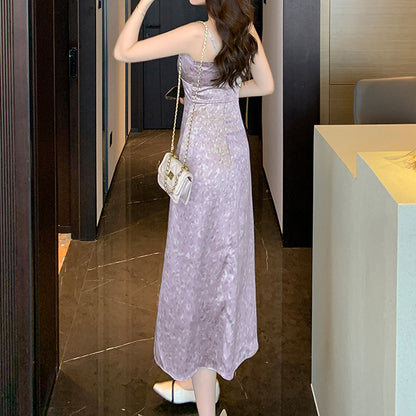 Chic Light Purple Floral One-Word Collar Cami Dress