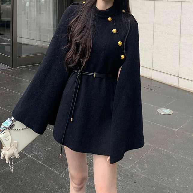 Versatile Sweater Cape Coat Dress With Belt