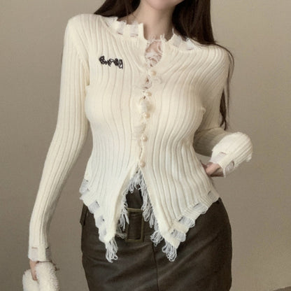 Fur-Edge V-Neck Sweater Cardigan Long-Sleeve Top