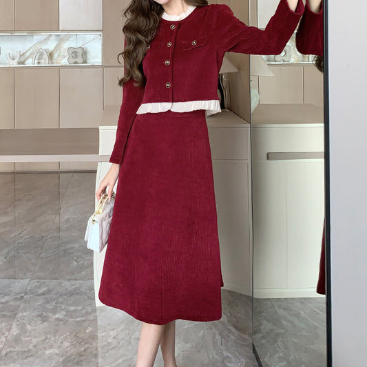 Lace Patchwork Coat Corduroy Set A-Line Skirt