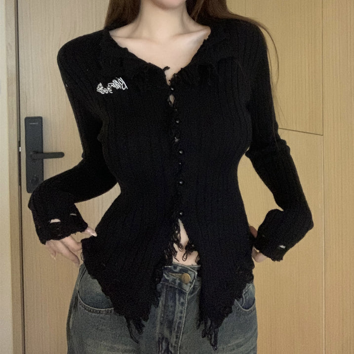 Fur-Edge V-Neck Sweater Cardigan Long-Sleeve Top