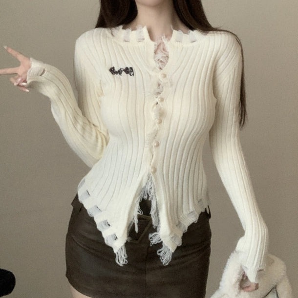 Fur-Edge V-Neck Sweater Cardigan Long-Sleeve Top