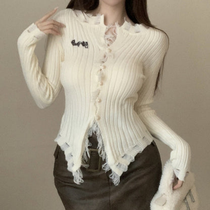 Fur-Edge V-Neck Sweater Cardigan Long-Sleeve Top