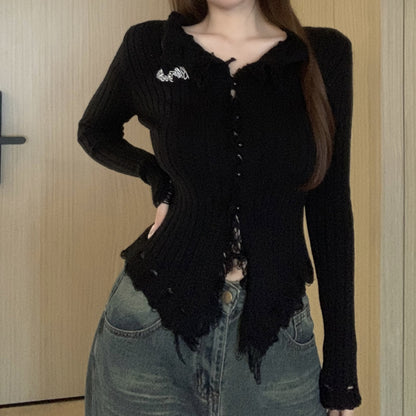 Fur-Edge V-Neck Sweater Cardigan Long-Sleeve Top