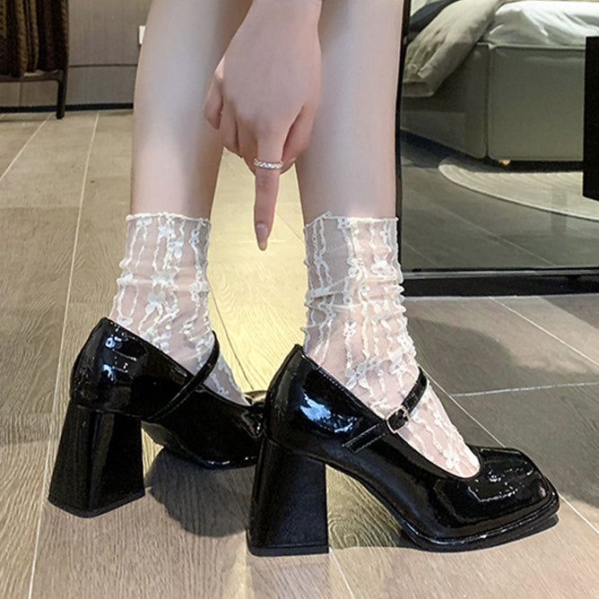 High Heels Waterproof Platform Square Toe Buckle Shoes