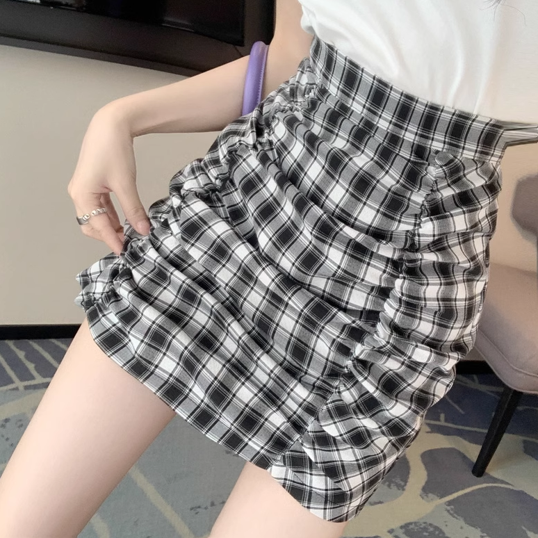 Set Printed T-Shirt Plaid Pleated Short Skirt