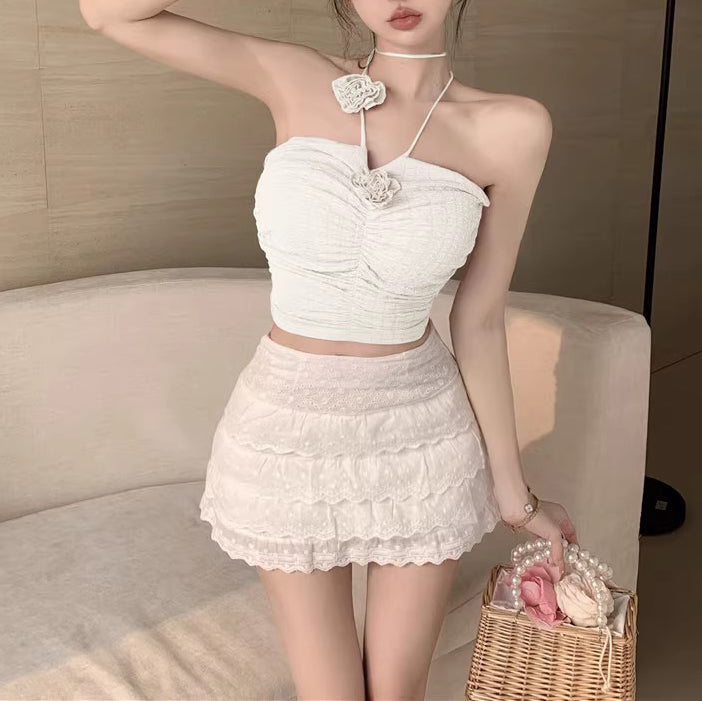 Sweet Halterneck Decorative Flower Crop Top