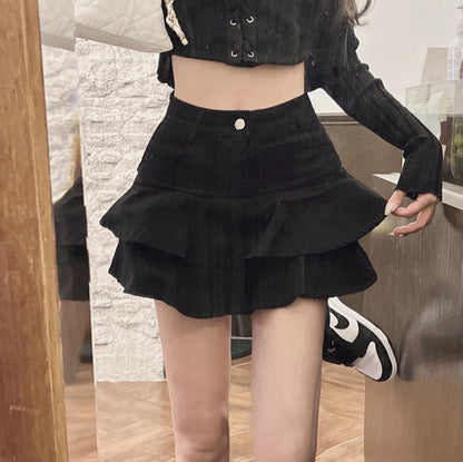 70% High Waist Slim Fit Ruffled Denim Skirt