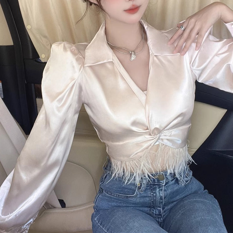 Irregular Tassel High Waist Slimming Shirt