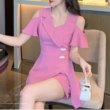 Elegant Strapless Suit Collar Dress