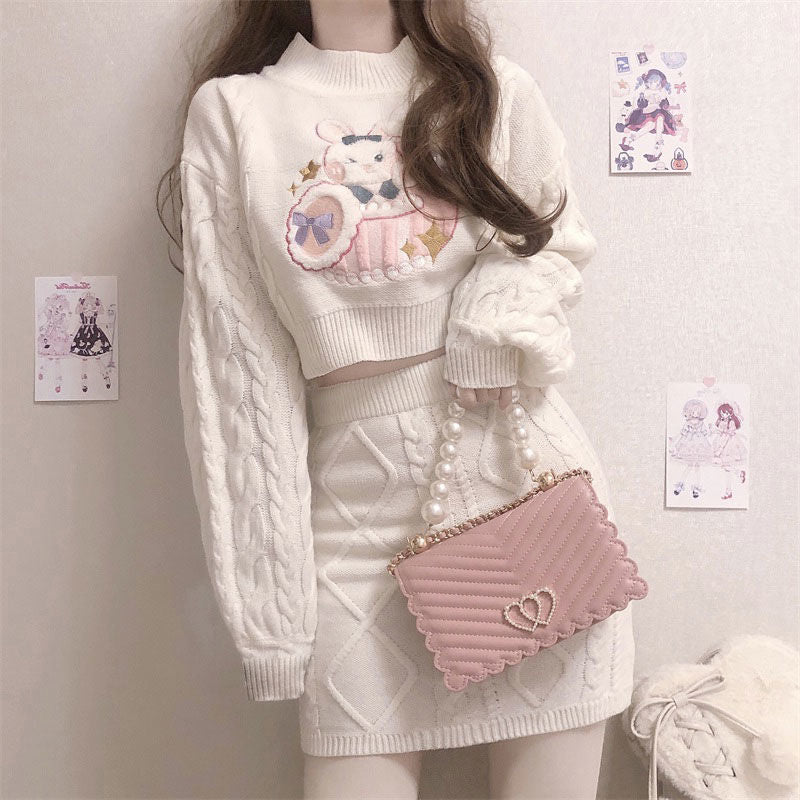 Twist Long Sleeve Rabbit Sweater Knit Skirt Set