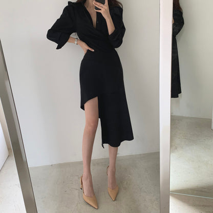 Retro Temperament Irregular Long Sleeve Dress