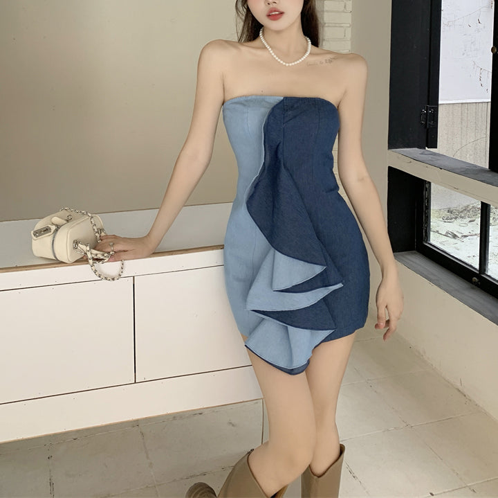 Contrast color stitching one-shoulder tube top sexy ruffle dress