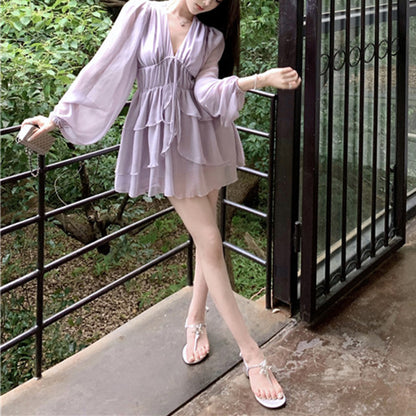 Purple V-Neck Tie Chiffon Dress