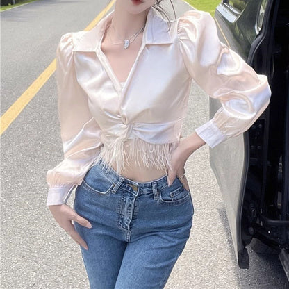 Irregular Tassel High Waist Slimming Shirt