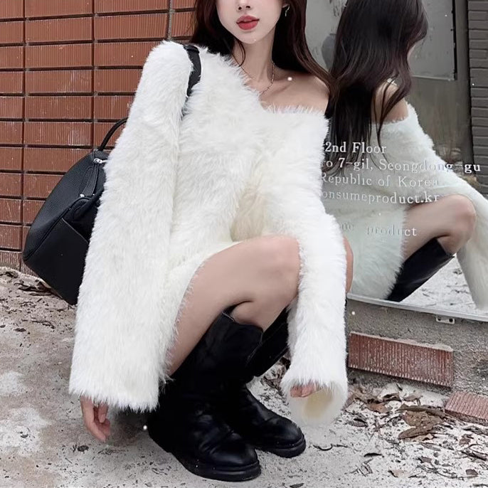 Lazy Fluffy Thick White Knitted Long Sleeve Sweater