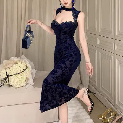 Flocking Mesh Sequins Elegant Waist Party Dress