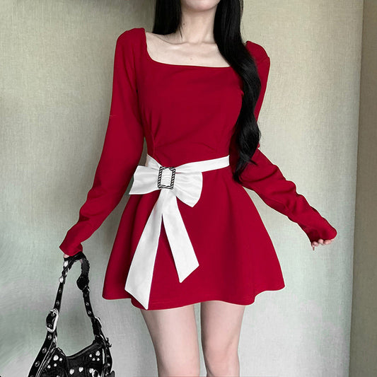 Fashionable Bow Long Sleeve Square Neck Dress