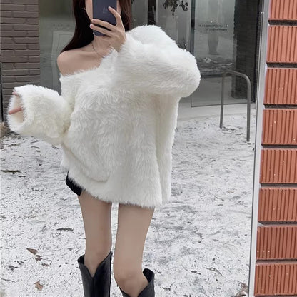 Lazy Fluffy Thick White Knitted Long Sleeve Sweater