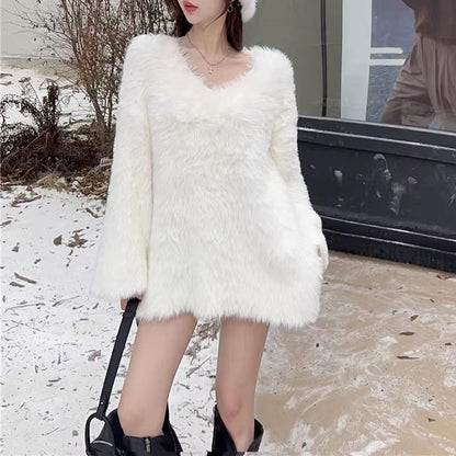 Lazy Fluffy Thick White Knitted Long Sleeve Sweater