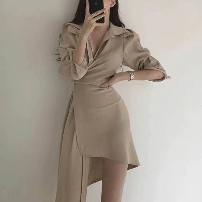 Retro Temperament Irregular Long Sleeve Dress