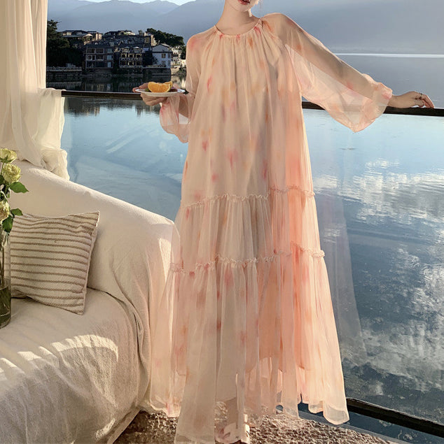 French Chiffon Floral Long-Sleeved Holiday Dress