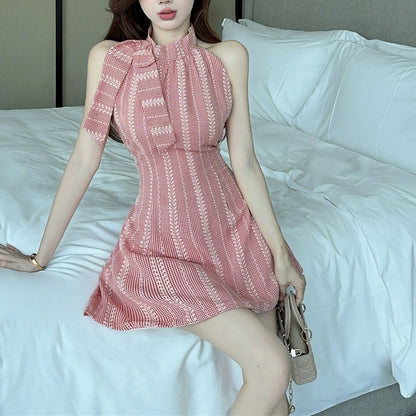 Halter Neck Bow Tie Striped Dress