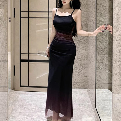 Elegant Pleated Waist Gradient Mesh Dress