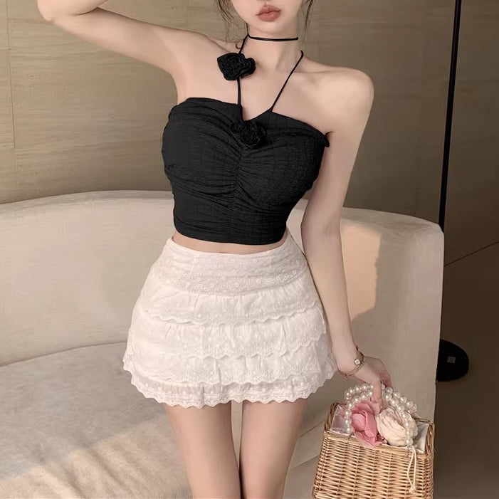 Sweet Halterneck Decorative Flower Crop Top