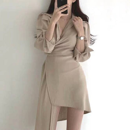 Retro Temperament Irregular Long Sleeve Dress