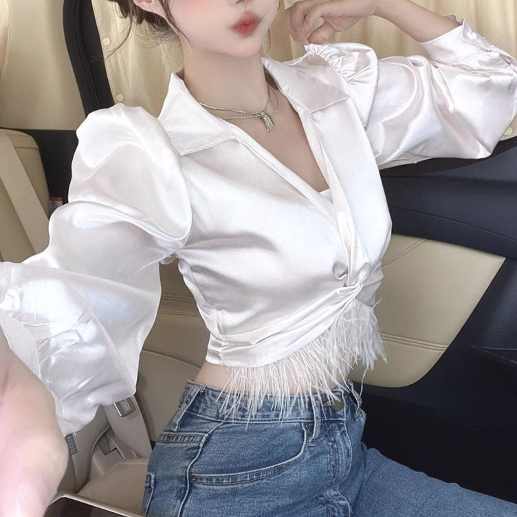 Irregular Tassel High Waist Slimming Shirt