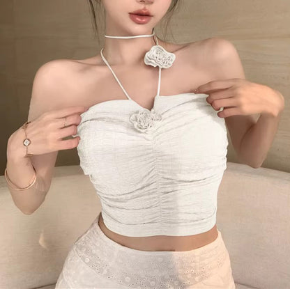 Sweet Halterneck Decorative Flower Crop Top