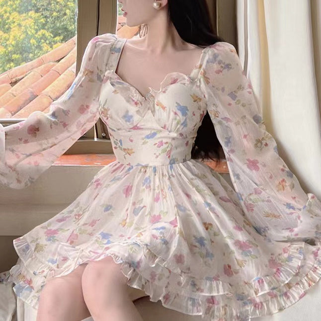 French Style One Shoulder Floral Long Sleeve Dress